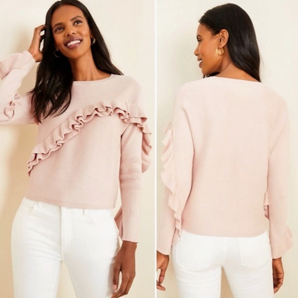 NWT Ann Taylor Pink Ribbed Ruffle Sweater Size Medium - Picture 2 of 8